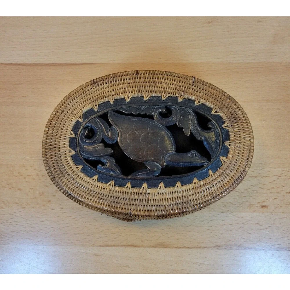 Turtle Carved Wooden Woven Rattan Basket with Lid Wood Base Trinket Box 6.5”